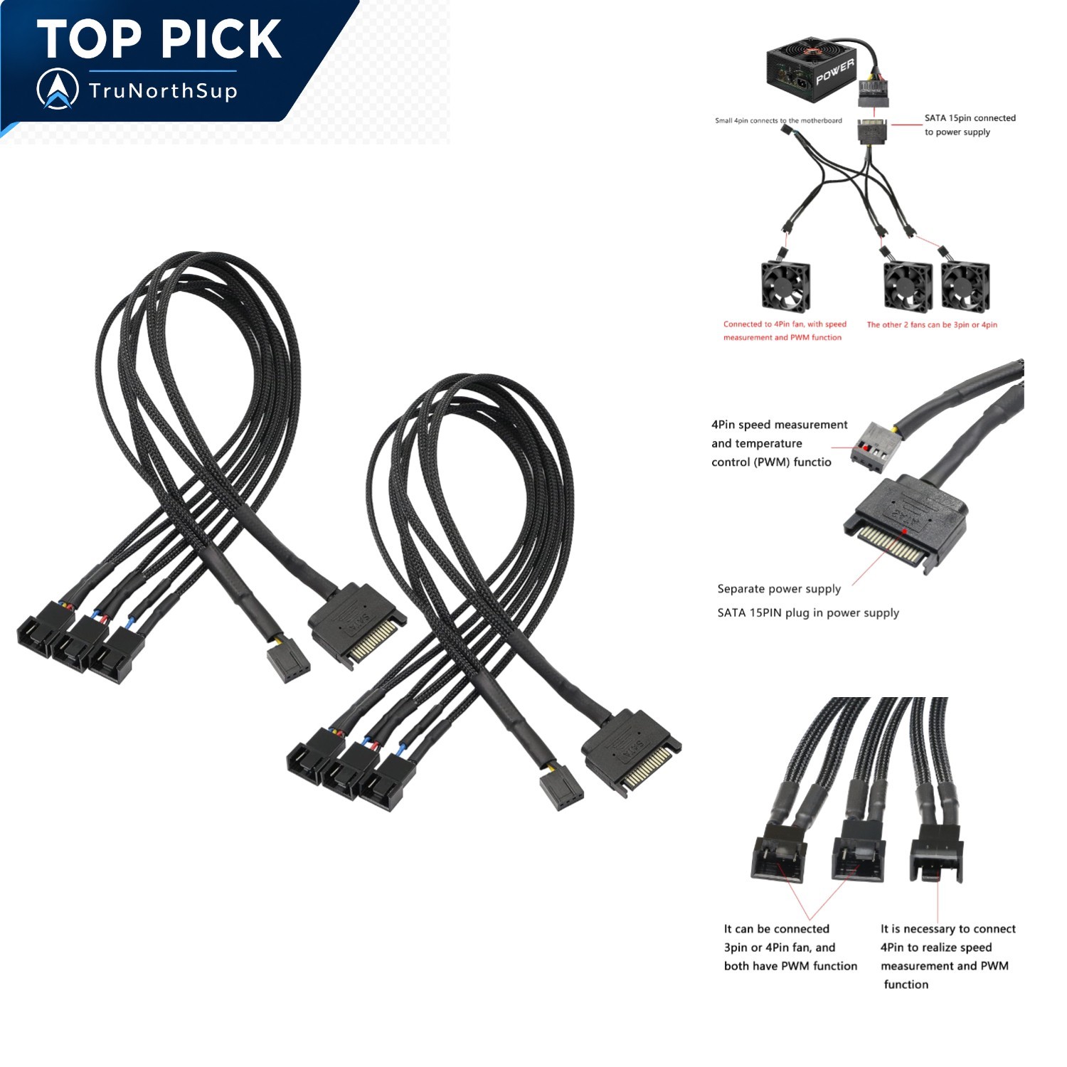 SATA to 3/4 Pin PWM Fan Adapter Splitter 2PCS PC Case Fans Power Cable