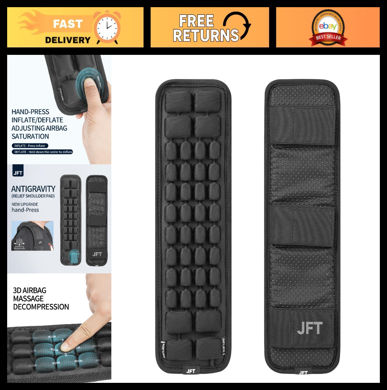 Adjustable 3D Air Cushion Shoulder Strap Pads for All Backpacks - 2 Pcs (Black)