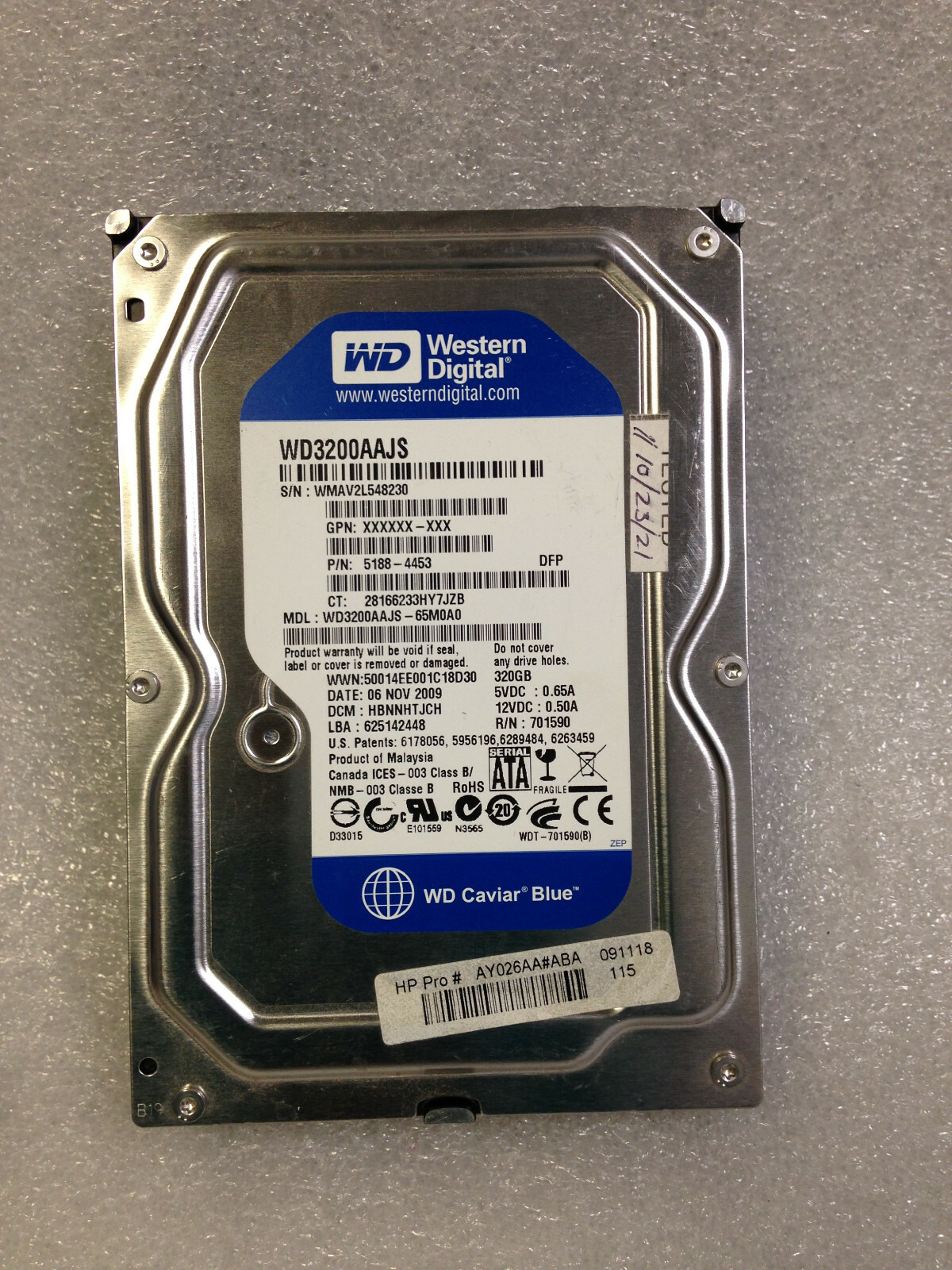 Western Digital WD3200AAJS-65M0A0 P/N 5188-4453 SATA 320GB 3.5'' Hard Drive 