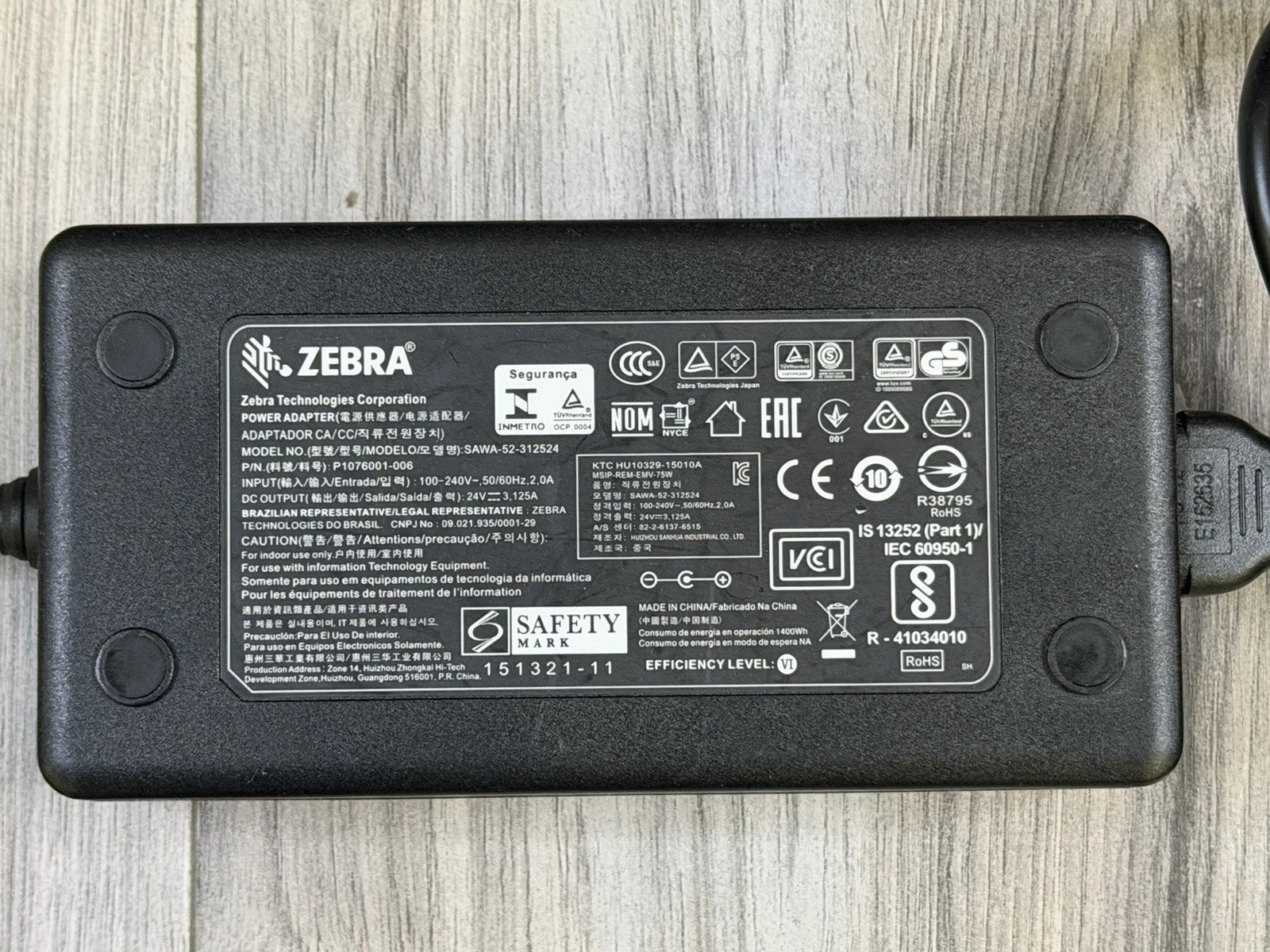 Zebra SAWA-52-312524 P1076001-006 Power Adapter 24V 3.125A 75W Genuine OEM NEW