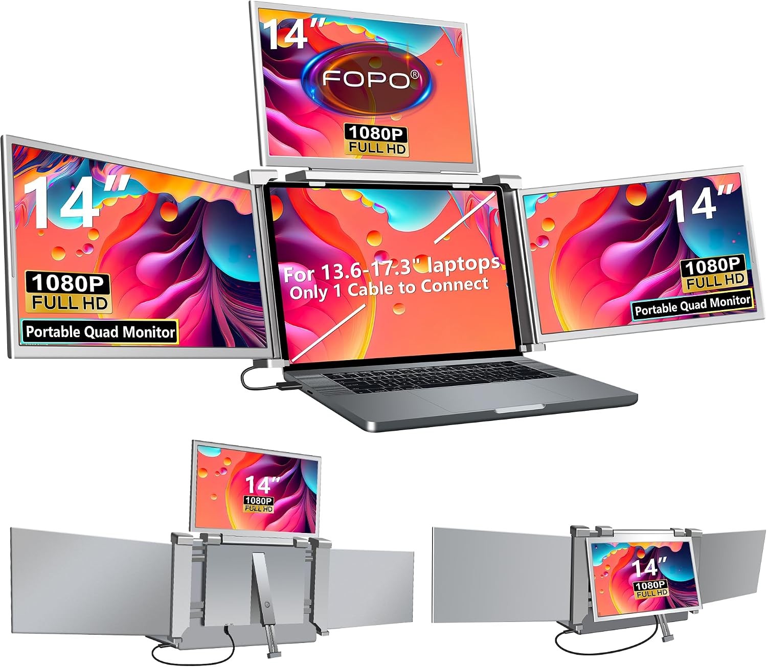 14" Quad Laptop Screen Extender, 1080P, USB-C/A, For 13.6-17.3" Laptops