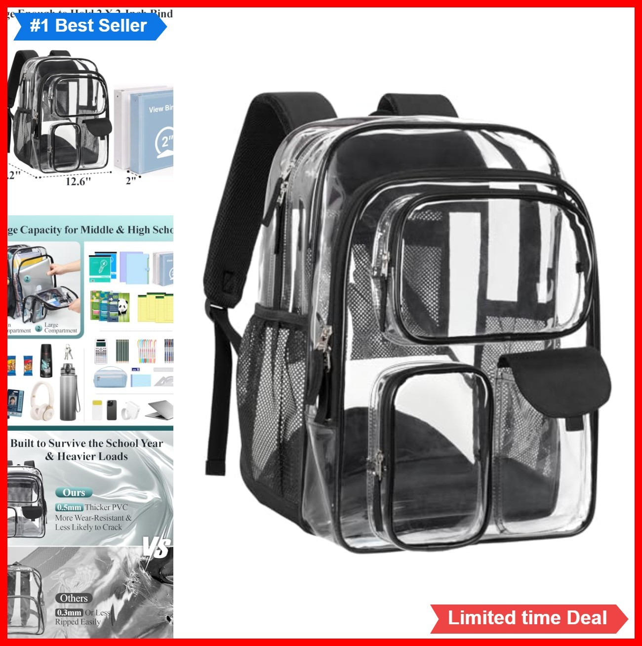 Clear Backpack 18 Inch Extra Large PVC 16 Inch Laptop 8 Pocket Water Resistant