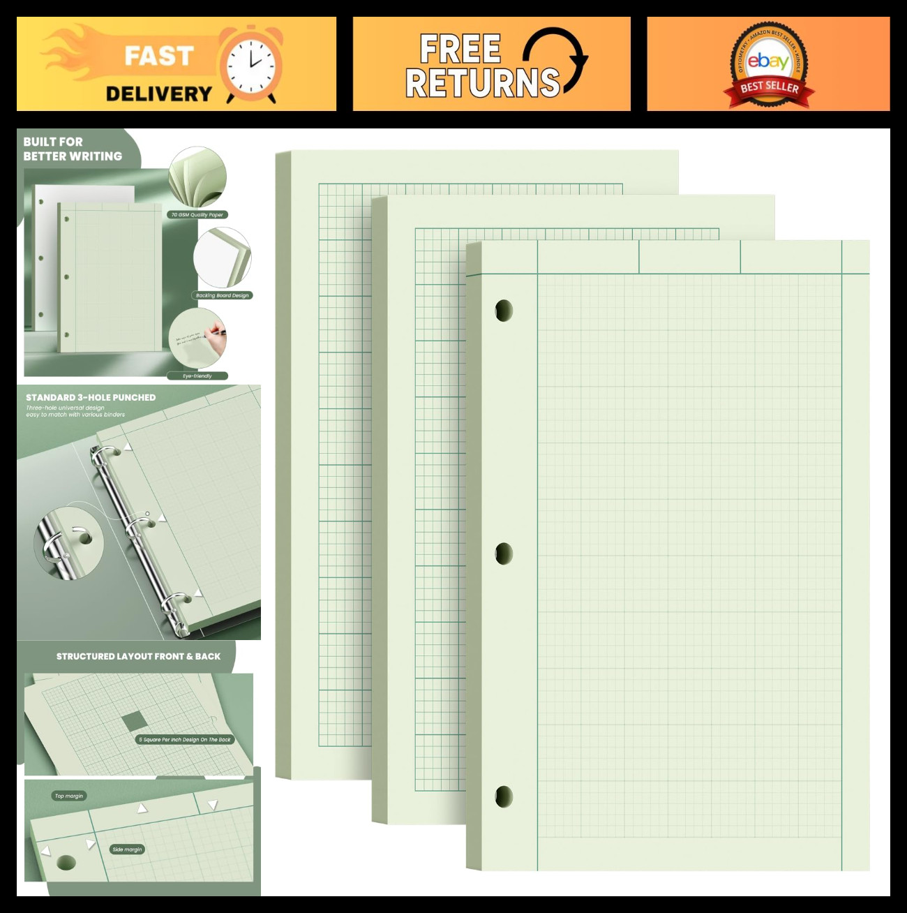 Engineering Paper 8.5x11 - 3 Pack Quad Ruled Notebooks, 5x5 Graph Sheets