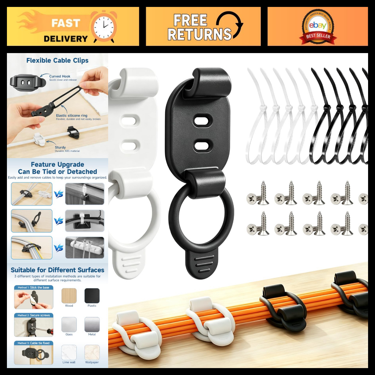 20 Adjustable Cable Management Clips - Self-Adhesive Cord Organizer for Home & O