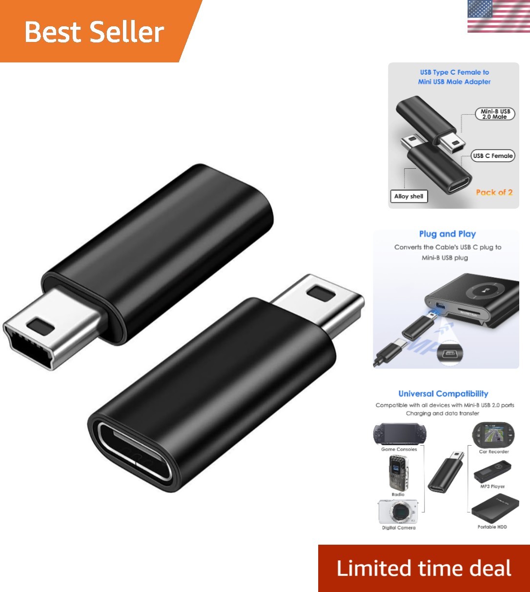 Versatile USB Type C to Mini USB 2.0 Adapter - 480Mbps Data Transfer, 2 Pack