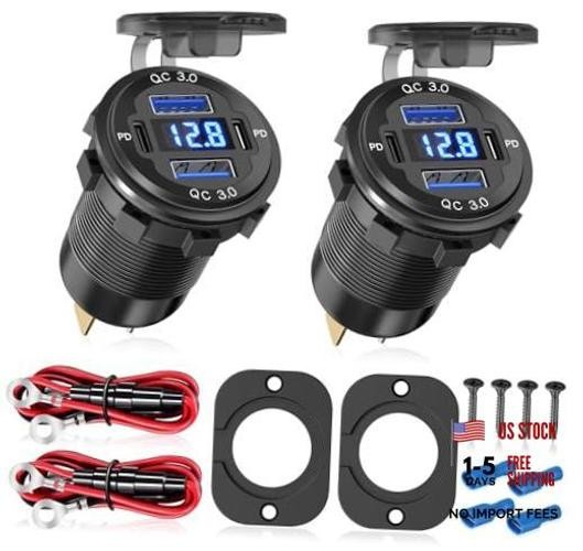 2Pcs 12V/24V Outlet with Voltmeter, Quick Charge 3.0 Dual USB Power Outlet,