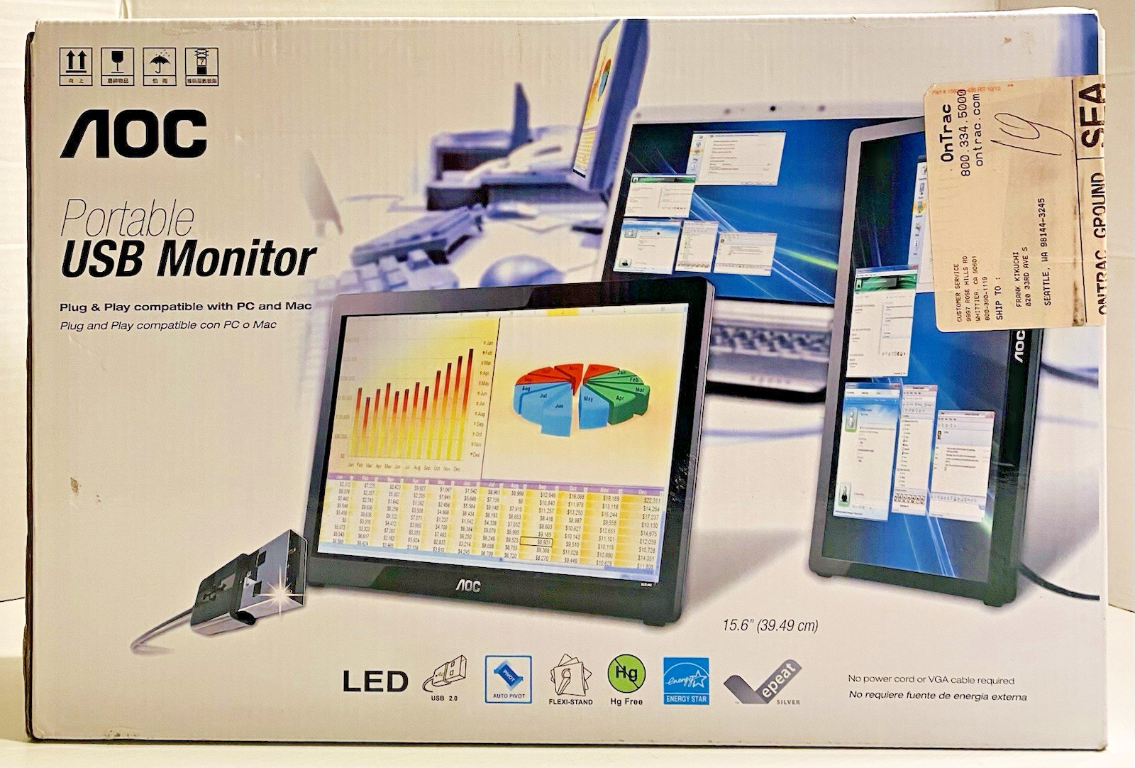 AOC e1649Fwu 15.6” USB 2.0 PORTABLE MONITOR Foldable Stand Open Box