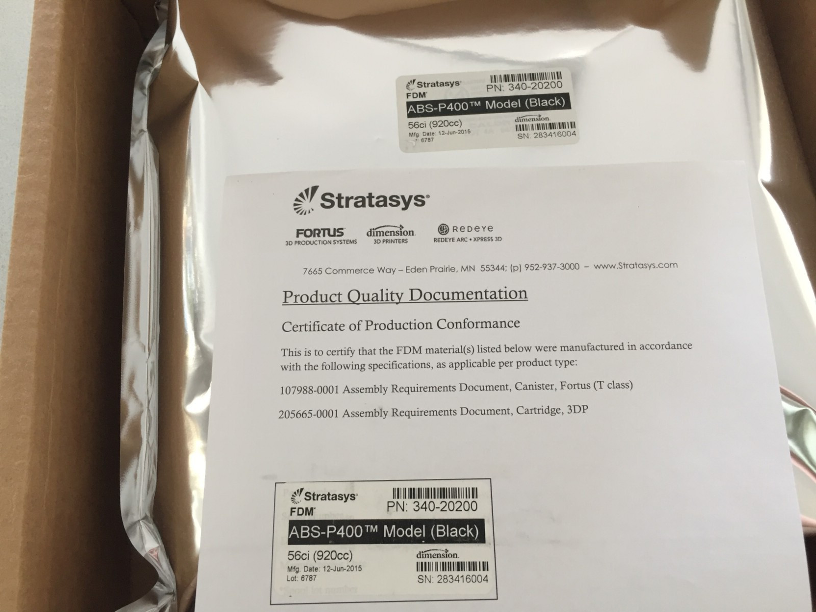 STRATASYS ABS-P400 Model (Black) 56ci (920cc) FDM 340-20200