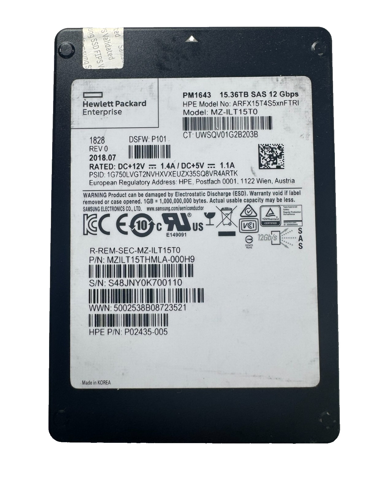 HPE SAMSUNG PM1643 15.36TB 2.5" SAS SSD 12Gbps/512b/sector/Excellent HEALTH-98%