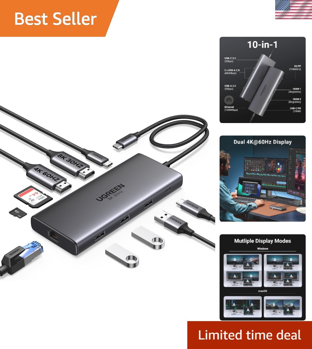 Effortless Dual Monitor Setup: 10-in-1 USB C Docking Station with 2 HDMI Ports