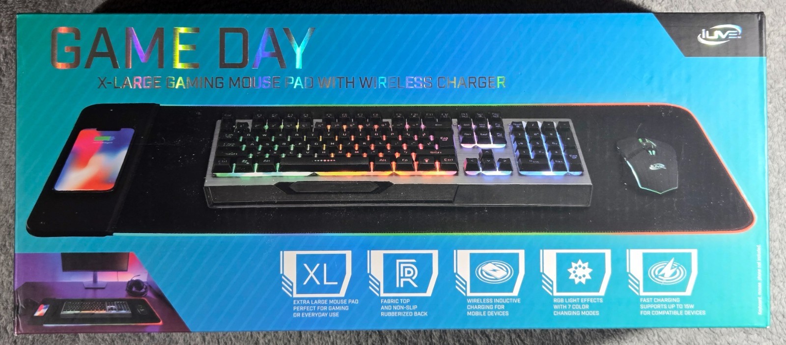 iLive Gaming Mouse Pad XL Wireless Fast Charger LED RGB Lights USB-C  - New