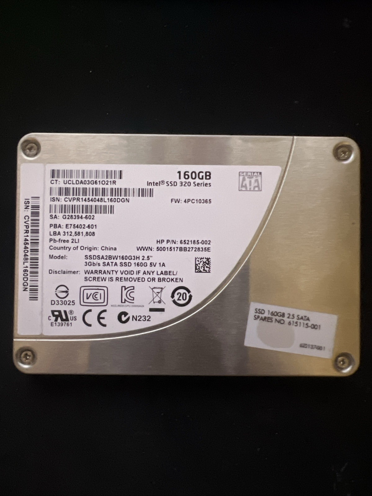 Intel 320 Series 160GB,Internal,2.5" (SSDSA2BW160G3H) HDD