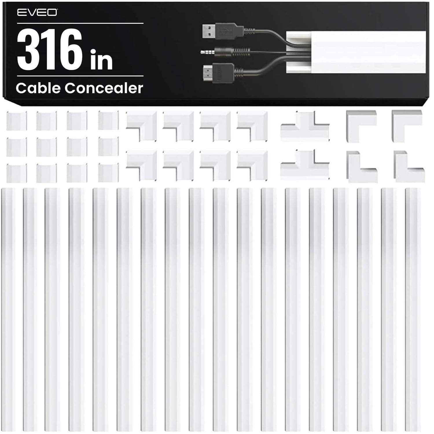 EVEO Cable Hider Wall 306” - Cable Raceway Cord Hider - Wire Covers for Cords on