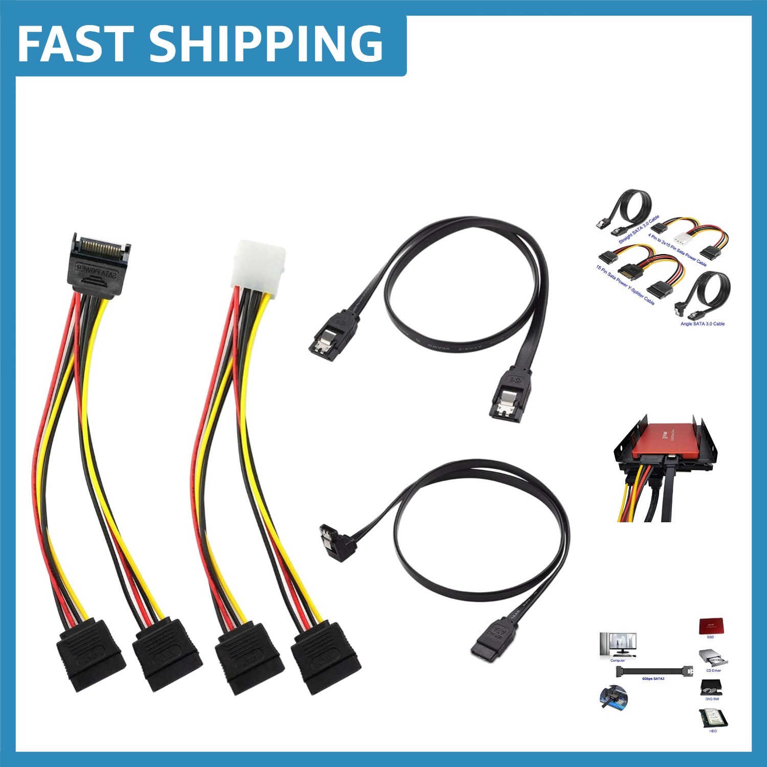 Versatile 4 Pack SATA III Data & Power Cables – 6Gbps Performance Guaranteed