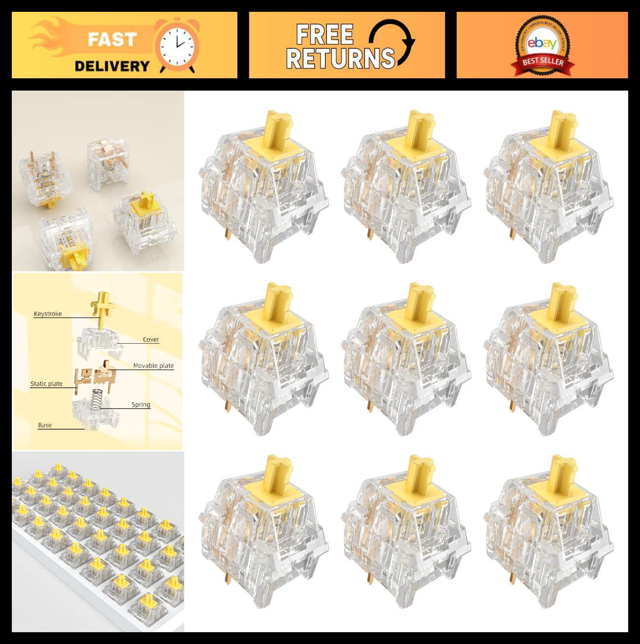 108Pcs Yellow Linear Switches - 3-Pin Pre-Lubricated, Dustproof & Waterproof for