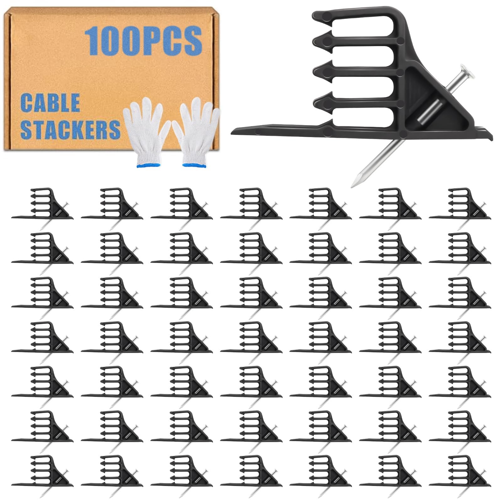 100Pcs Cable Stackers, Multi-Cable Staples Clips with Steel Nails for Wires