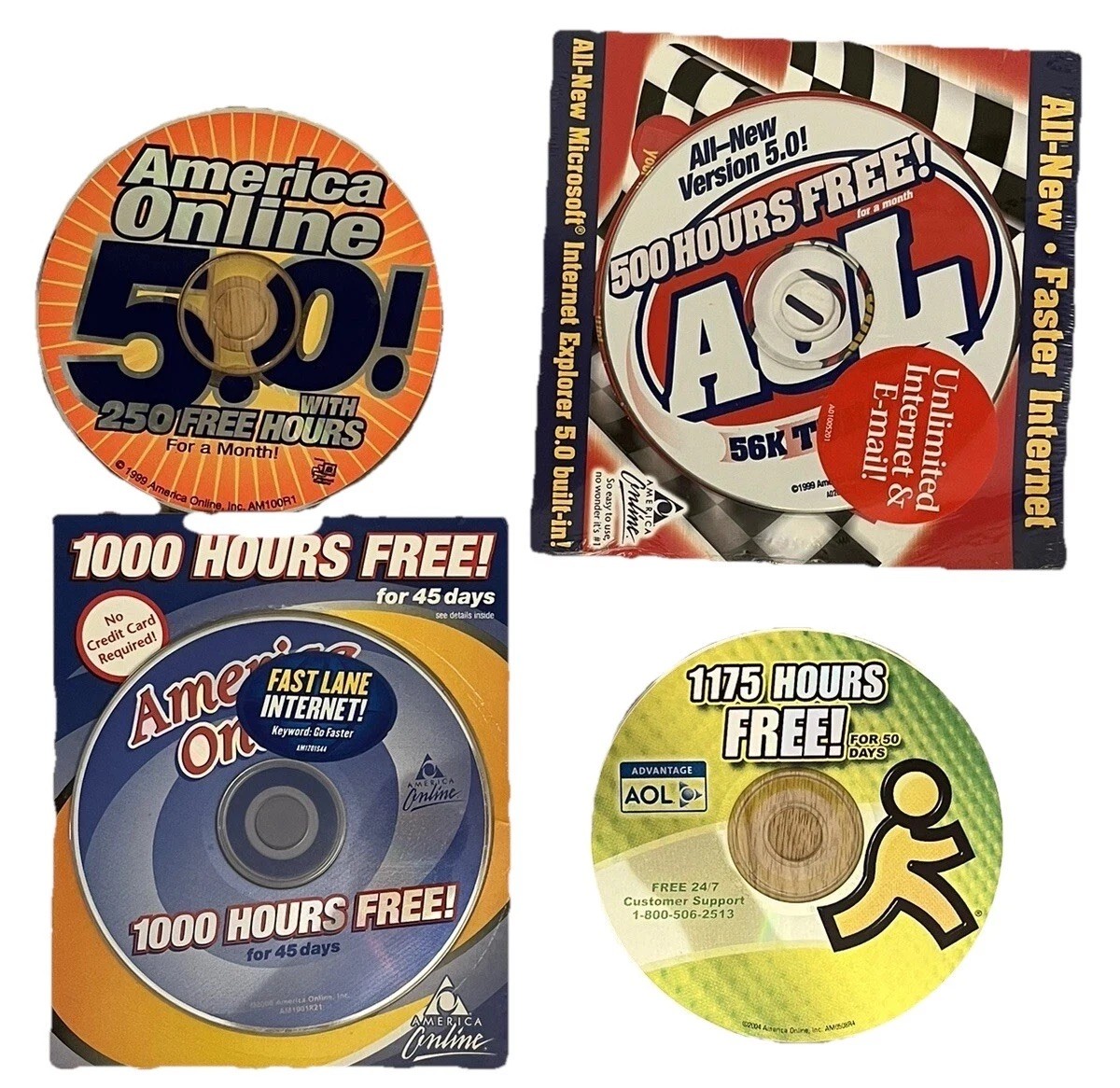 4 Rare Retired AOL Discs Lot 2000 Y2K 1000+ Hours Collectible Digital America
