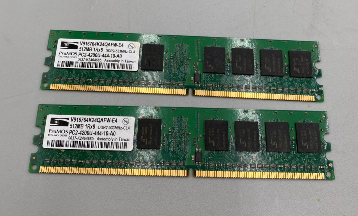 Lot Of 2 ProMOS 512MB Each PC2 DDR2 4200MHz Ram Memory Green Big Excellent