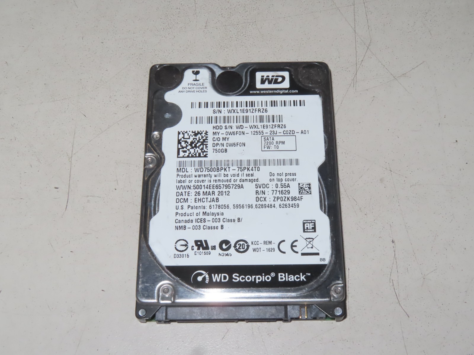 Western Digital 2.5" 750GB SATA Hard Drive 7200RPM WD7500BPKT-75PK4T0