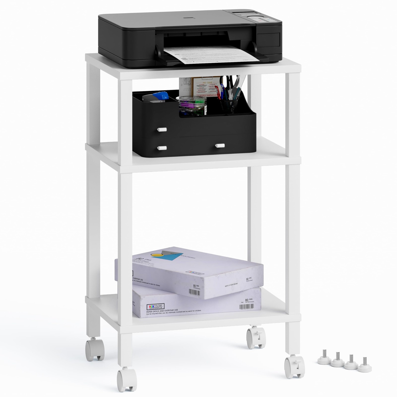 3Tier Mobile Printer Stand Storage Cart Rolling 15.7x11.8x25.9 Inch White