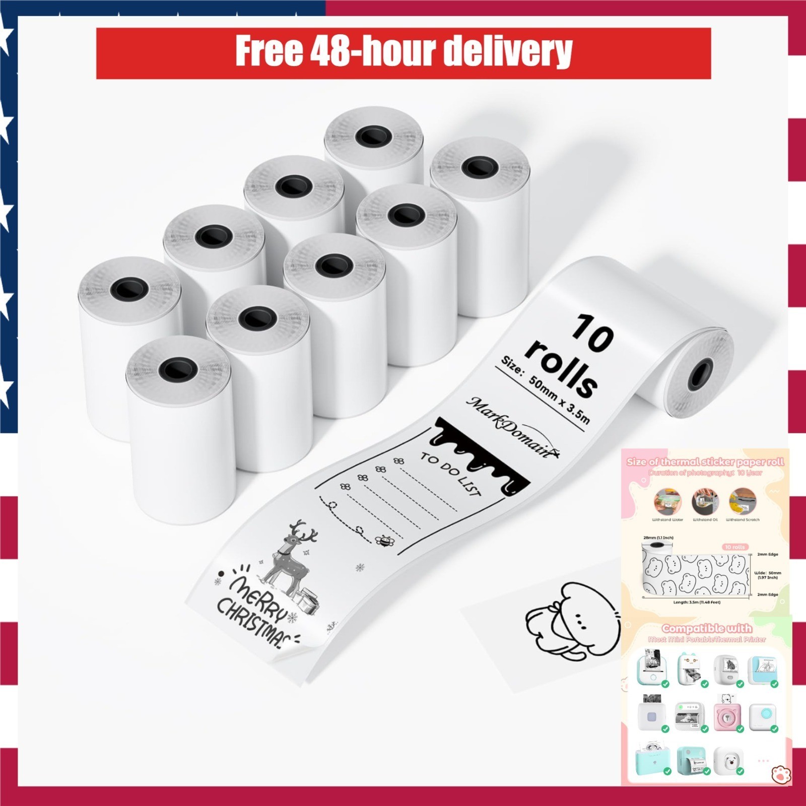 MarkDomain Mini Printer Thermal Sticker Paper 53 x 28mm 10 Rolls White