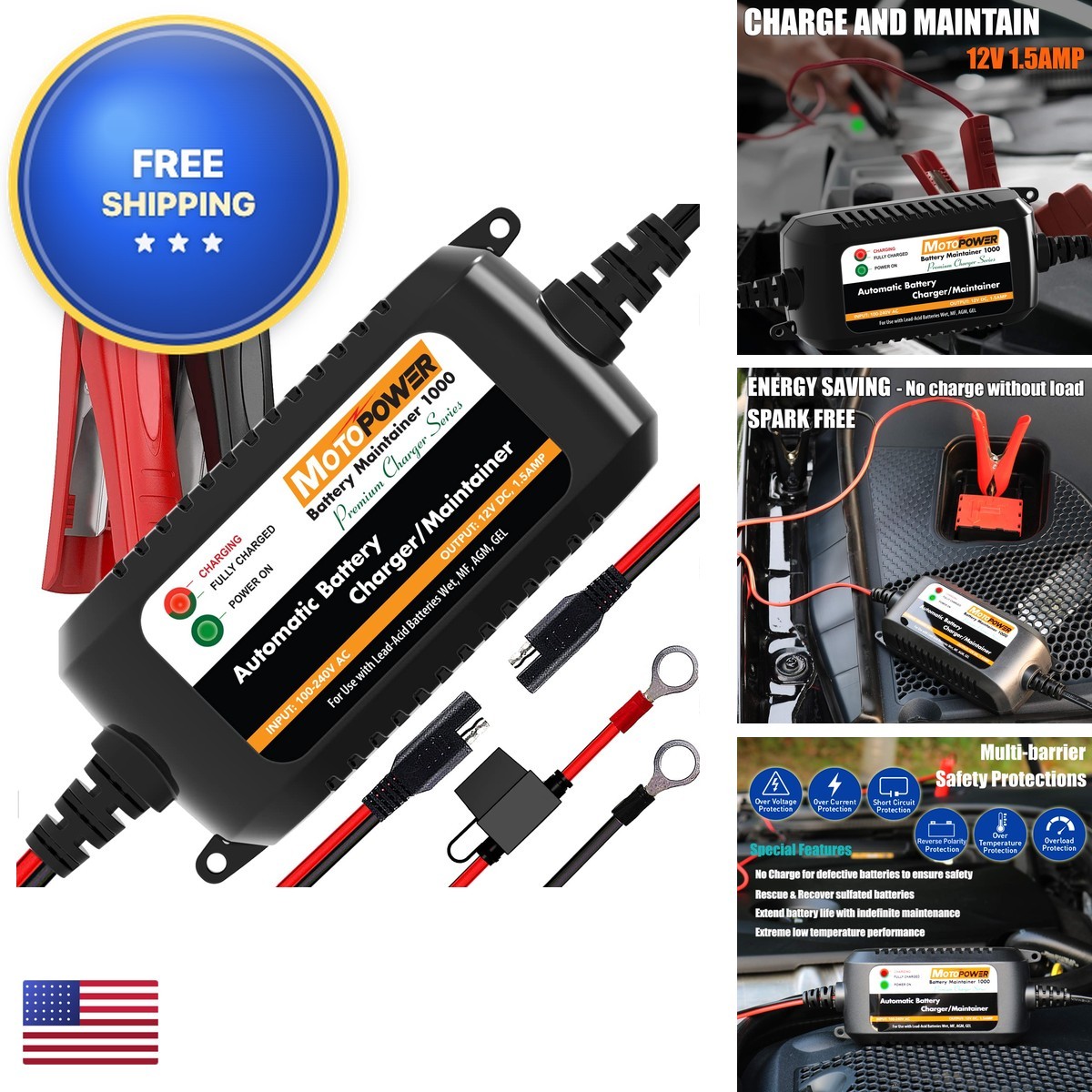 MOTOPOWER MP00206A 12V 1.5A Battery Charger Maintainer Cars Motorcycles ATVs