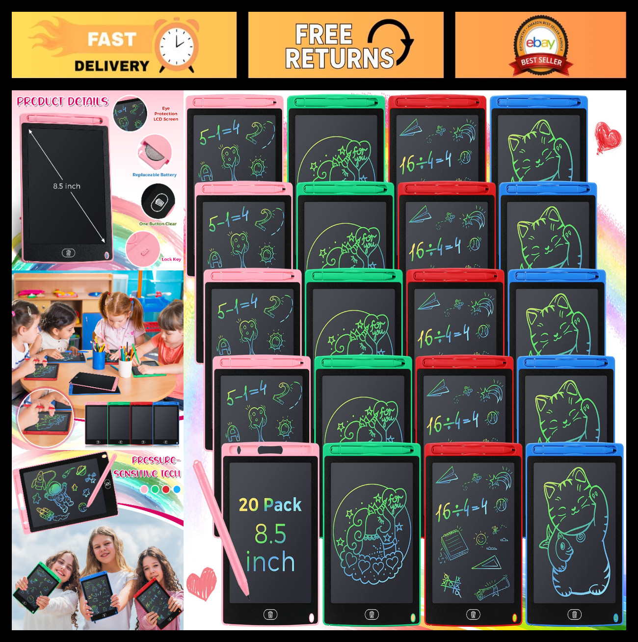 20 Pack 8.5" LCD Writing Tablets, Colorful Drawing Boards for Kids & Adults