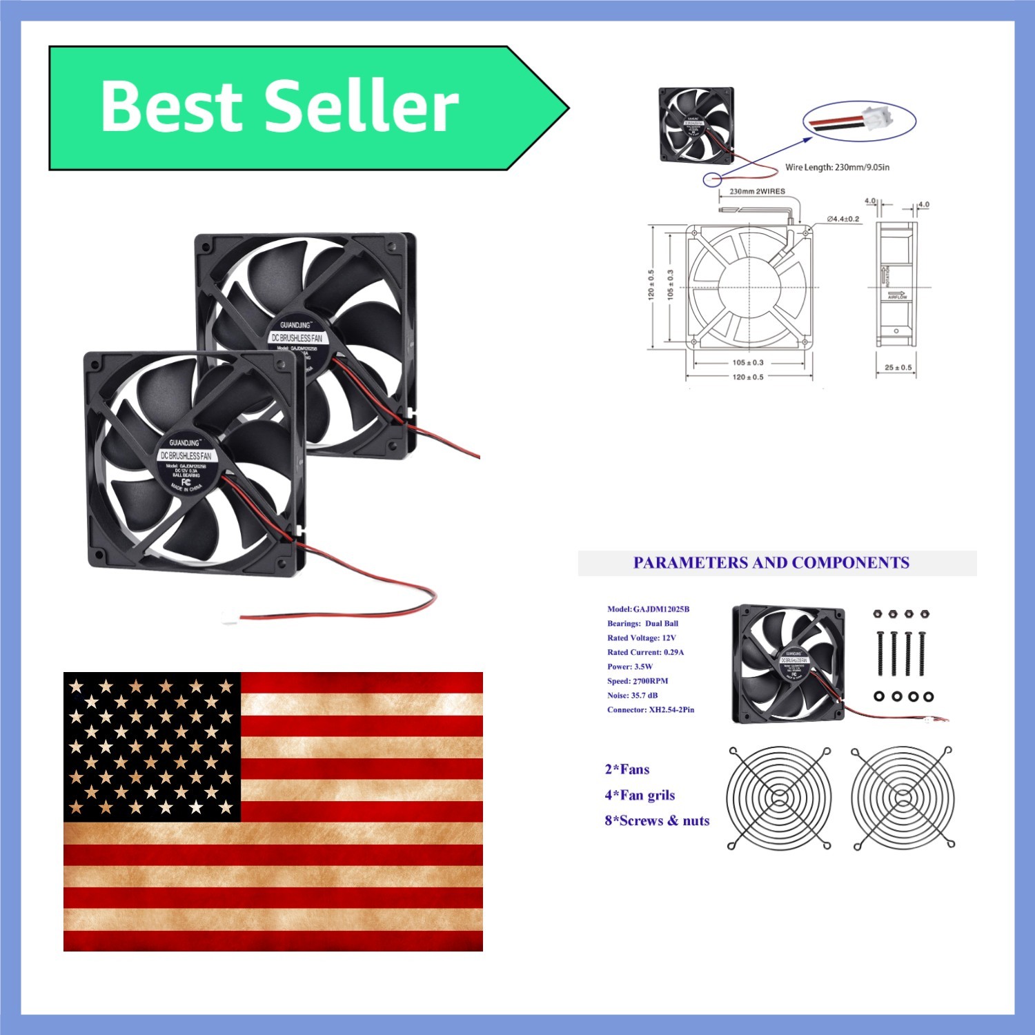 2Pcs 12025 120Mm X 25Mm 12V 5 Inch Dual Ball Bearings Brushless Fan 2Pin DC Cool