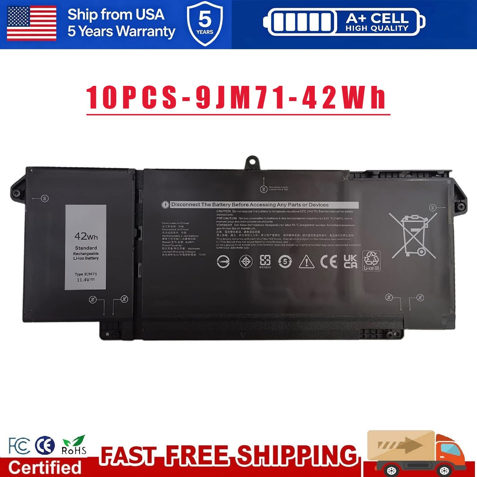 10PCS 9JM71 Battery For Dell Latitude 7520 5320 7320 7420 7FMXV 4M1JN 1PP63 42Wh