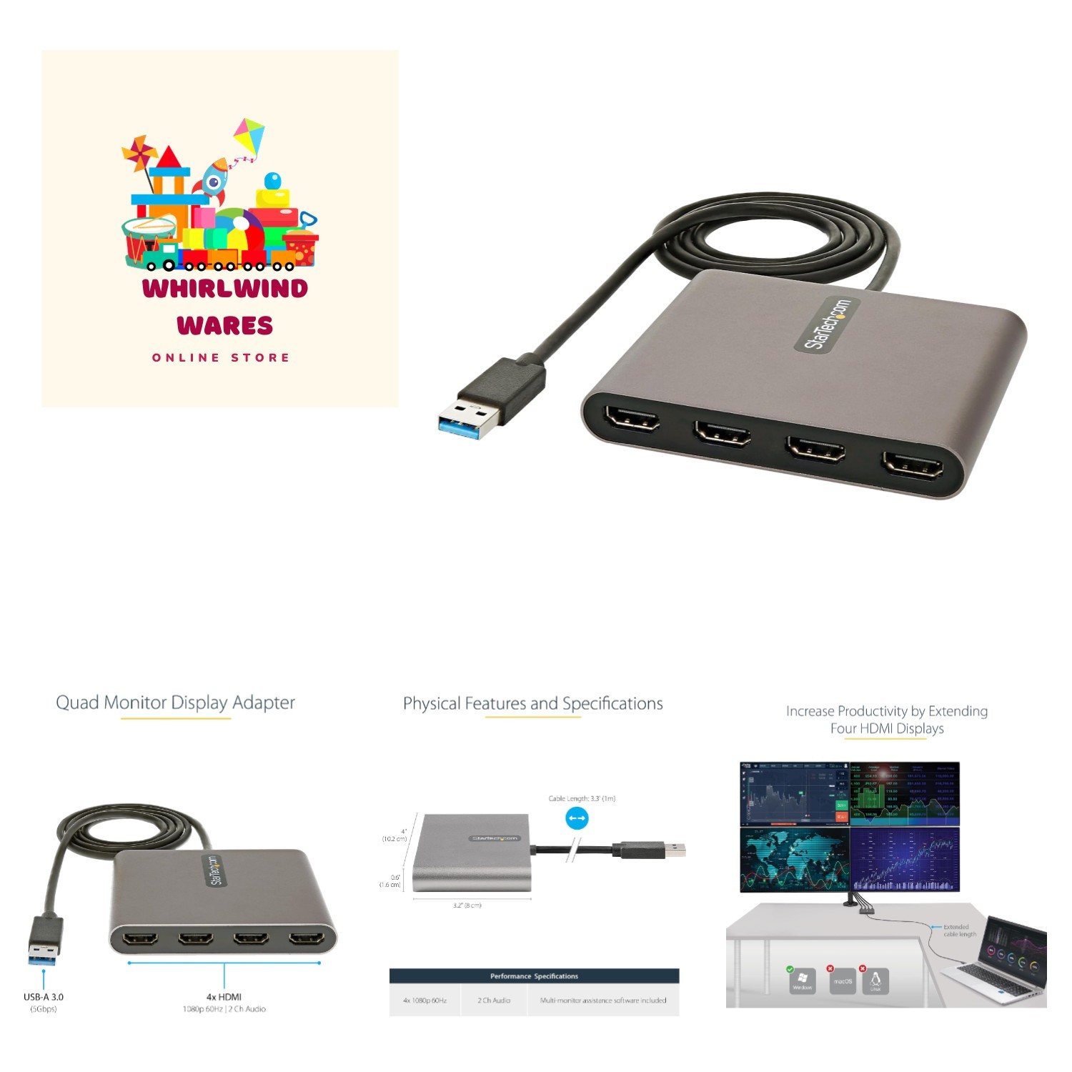 StarTech USB-A 3.0 to Quad HDMI Adapter, 1080p60, Windows, TAA