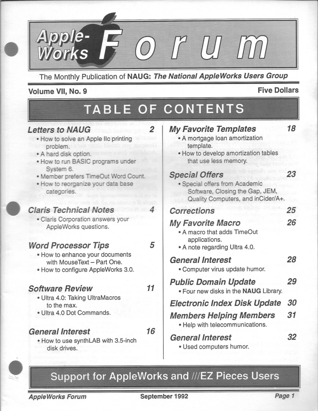 AppleWorks Forum Magazine, September 1992 for Apple II II+ IIe IIc IIgs