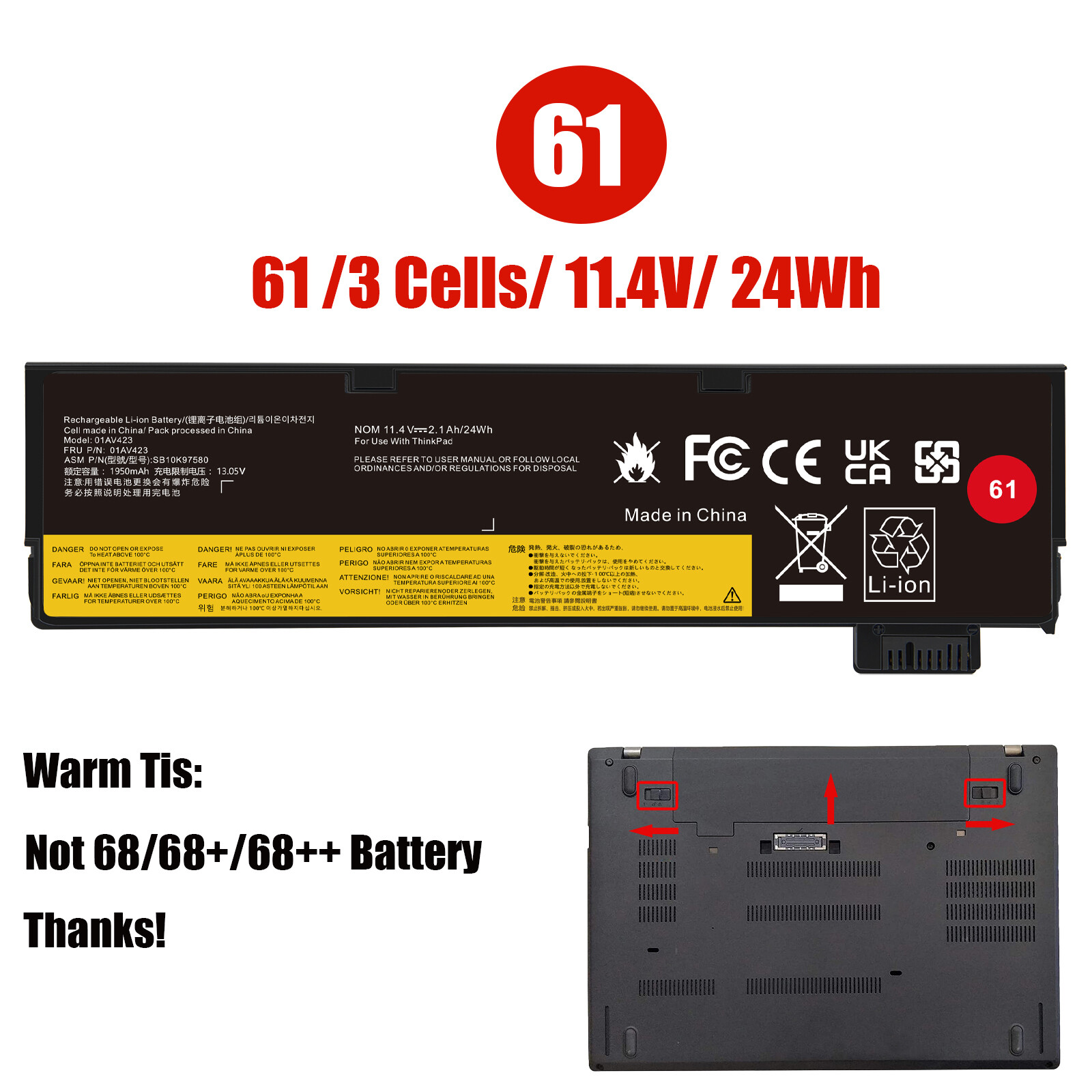 ✅For Lenovo 72Wh 61++ 01AV427 Battery ThinkPad T470 T480 T570 T580 P51s P52s