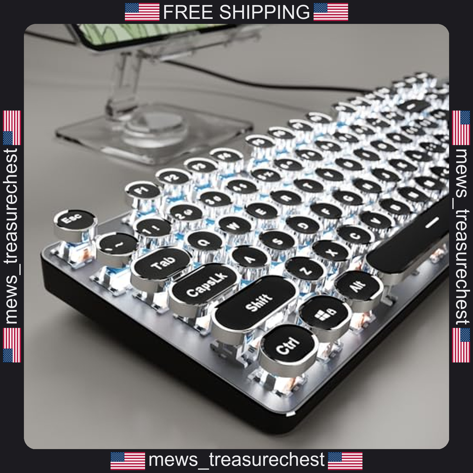 Mechanical Gaming Keyboard with White Backlit and Retro Typewriter Style Keys