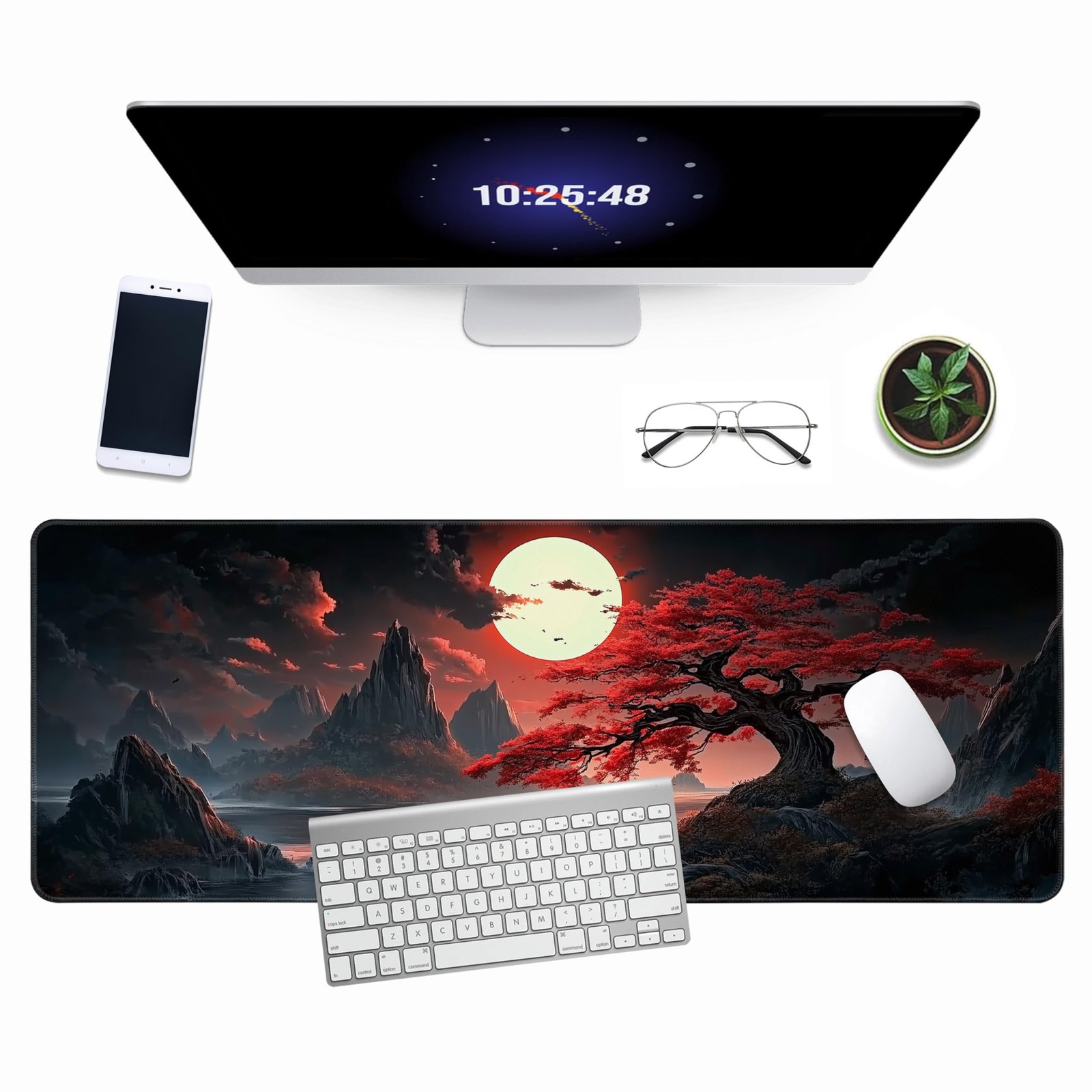 Japanese Red Full Moon Black Riverside Large Mouse Pad 31.5 x 11.8 Inch Mat