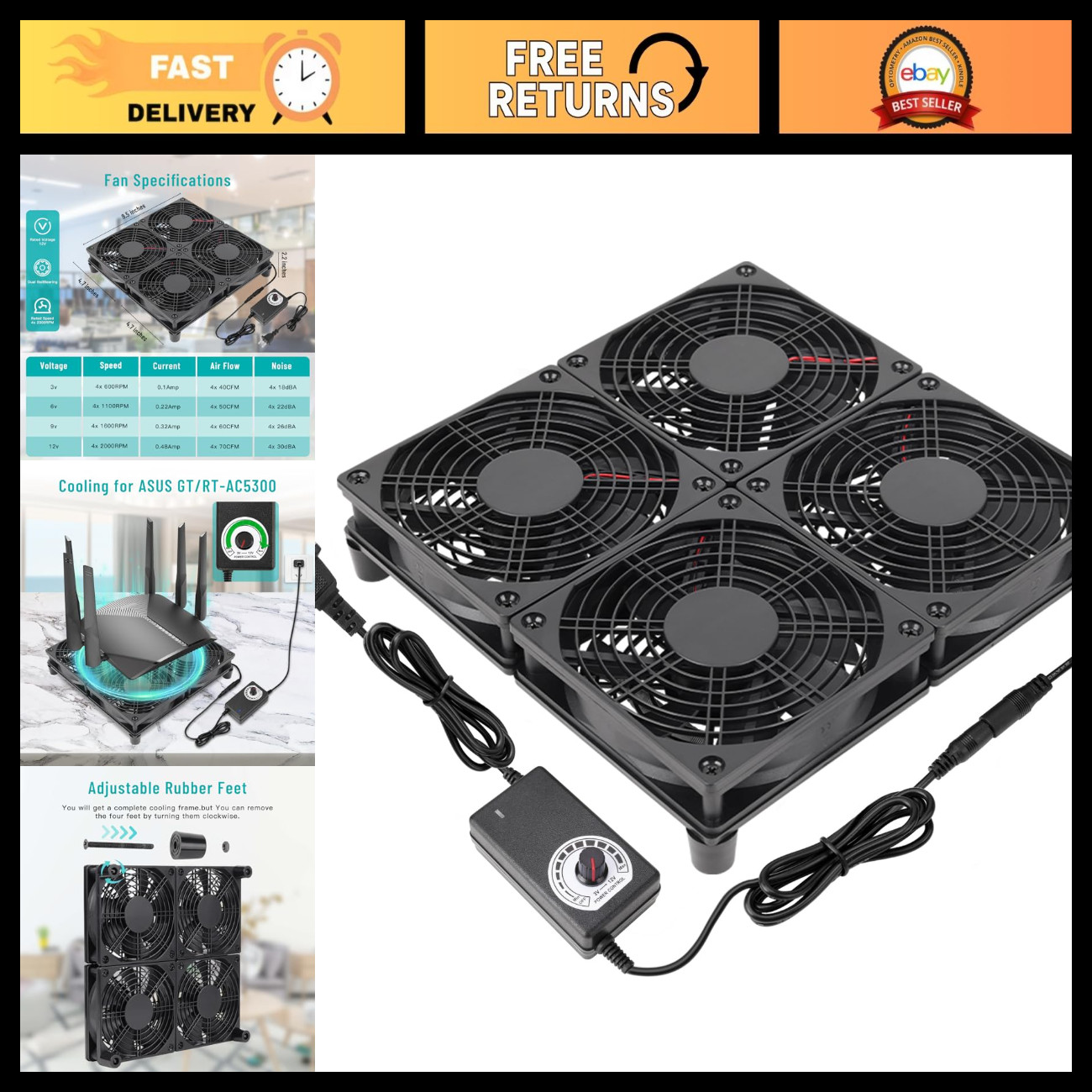4X 120mm Laptop Cooling Pad with Variable Speed Fans for DIY Electronics & Gamin