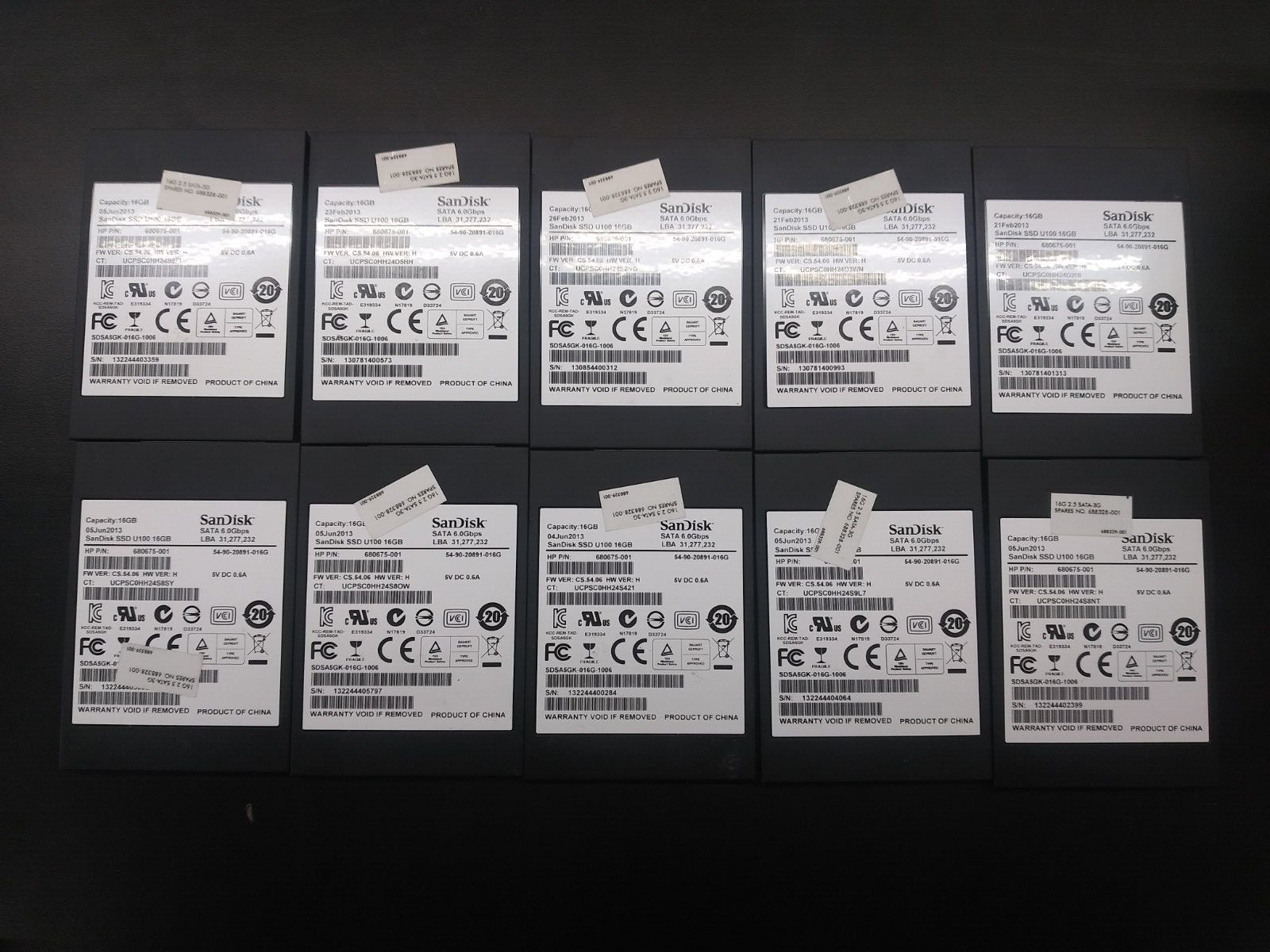Lot Of 10 SanDisk U100 16GB SSD SATA 2.5" HP P/N 680675-001/688328-001