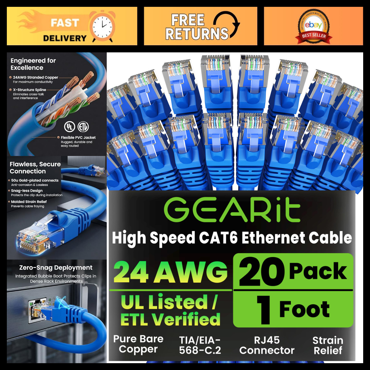 Cat 6 Ethernet Cable 1ft - 20-Pack Blue, High-Speed Cat6 Patch Cables for Networ