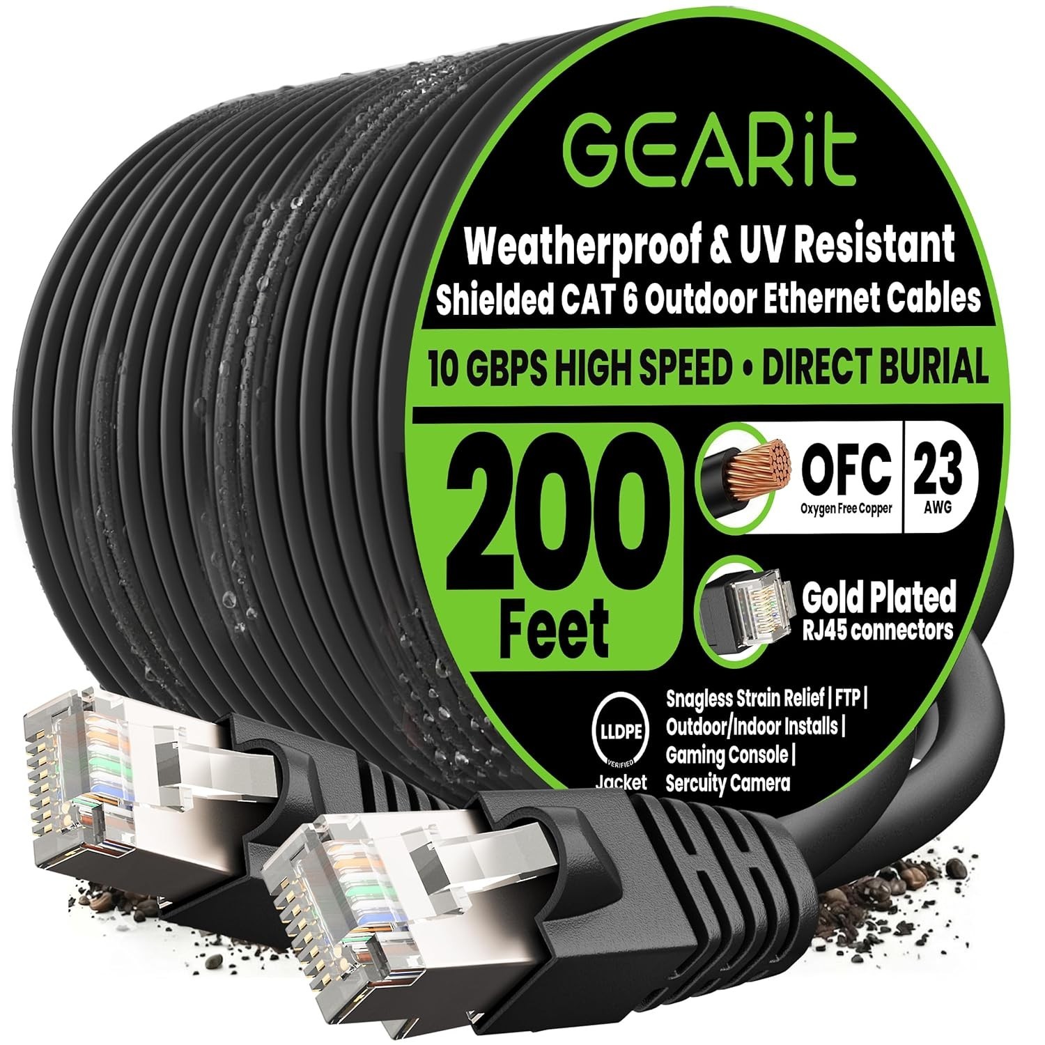 Cat6 Outdoor Ethernet Cable (200ft) 23AWG Pure Copper, FTP, LLDPE, Waterproof, D