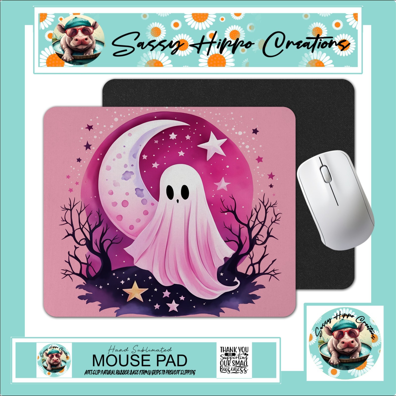 Mouse Pad Pink Ghost Stars and Moon Halloween Anti Slip Back Easy Clean