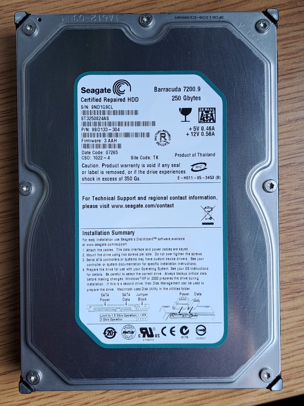 Seagate Barracuda 7200.9 ST3250824AS Internal SATA II HDD 250GB 3,5” 7200RPM.
