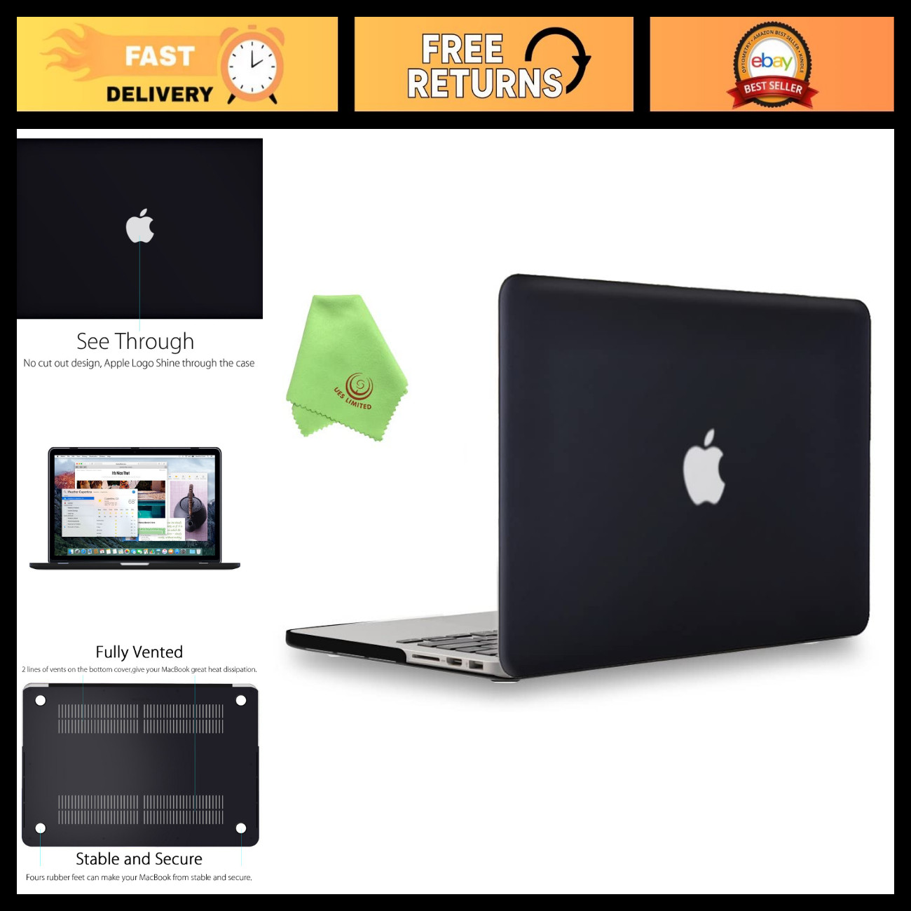 Smooth Matte Hard Case Cover for MacBook Pro 15" Retina (2012-2015) - Black