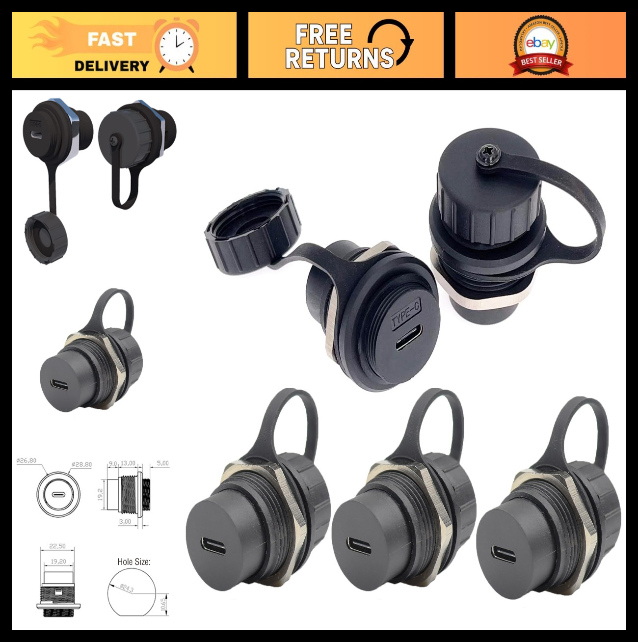 5PCS Waterproof USB 3.1 Type C Panel Mount Connector, IP67, 24 Pin, Durable