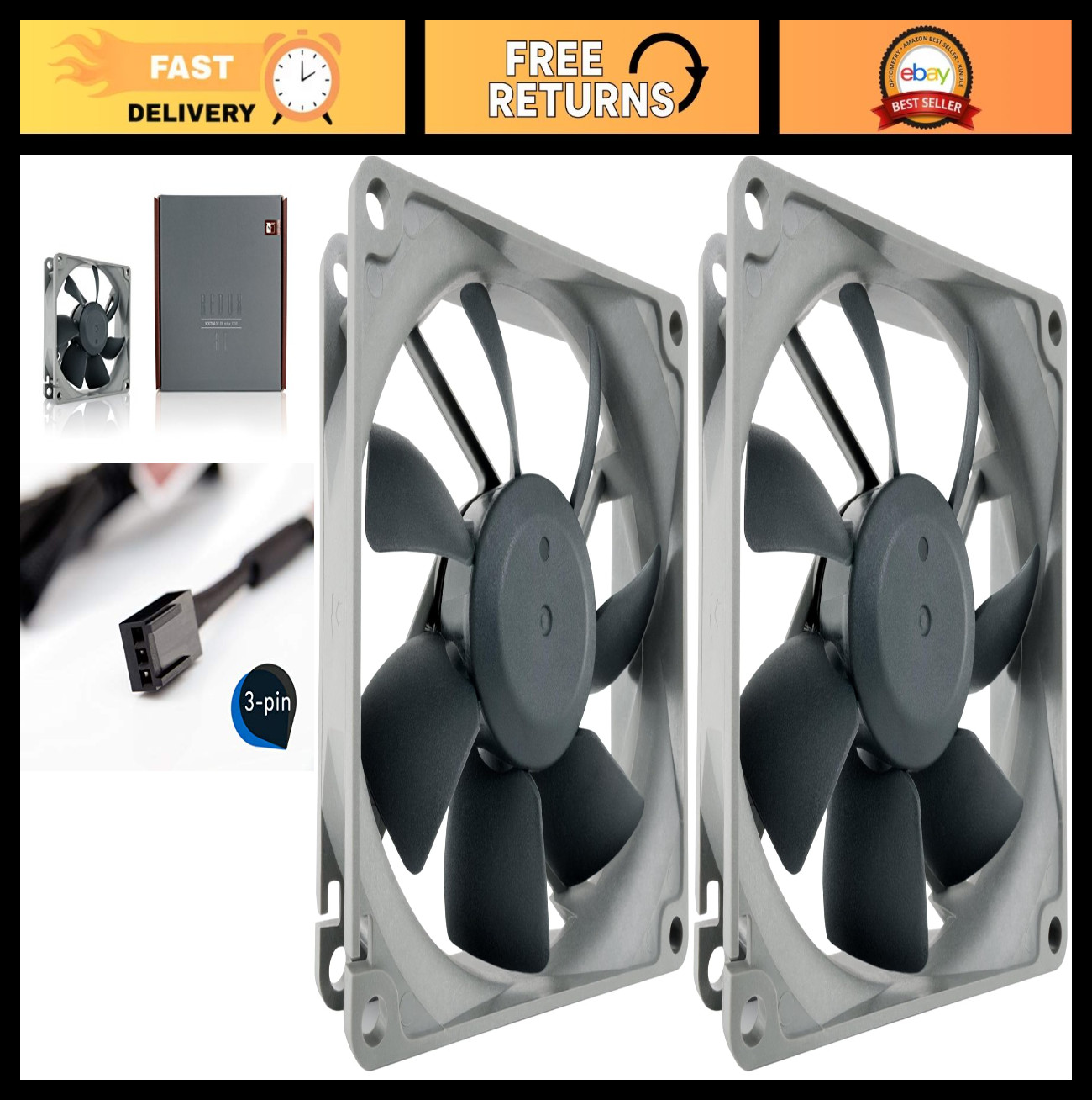 Ultra Quiet 80mm Silent Fan 3-Pin 1200 RPM - Pack of 2, Grey Cooling Solution