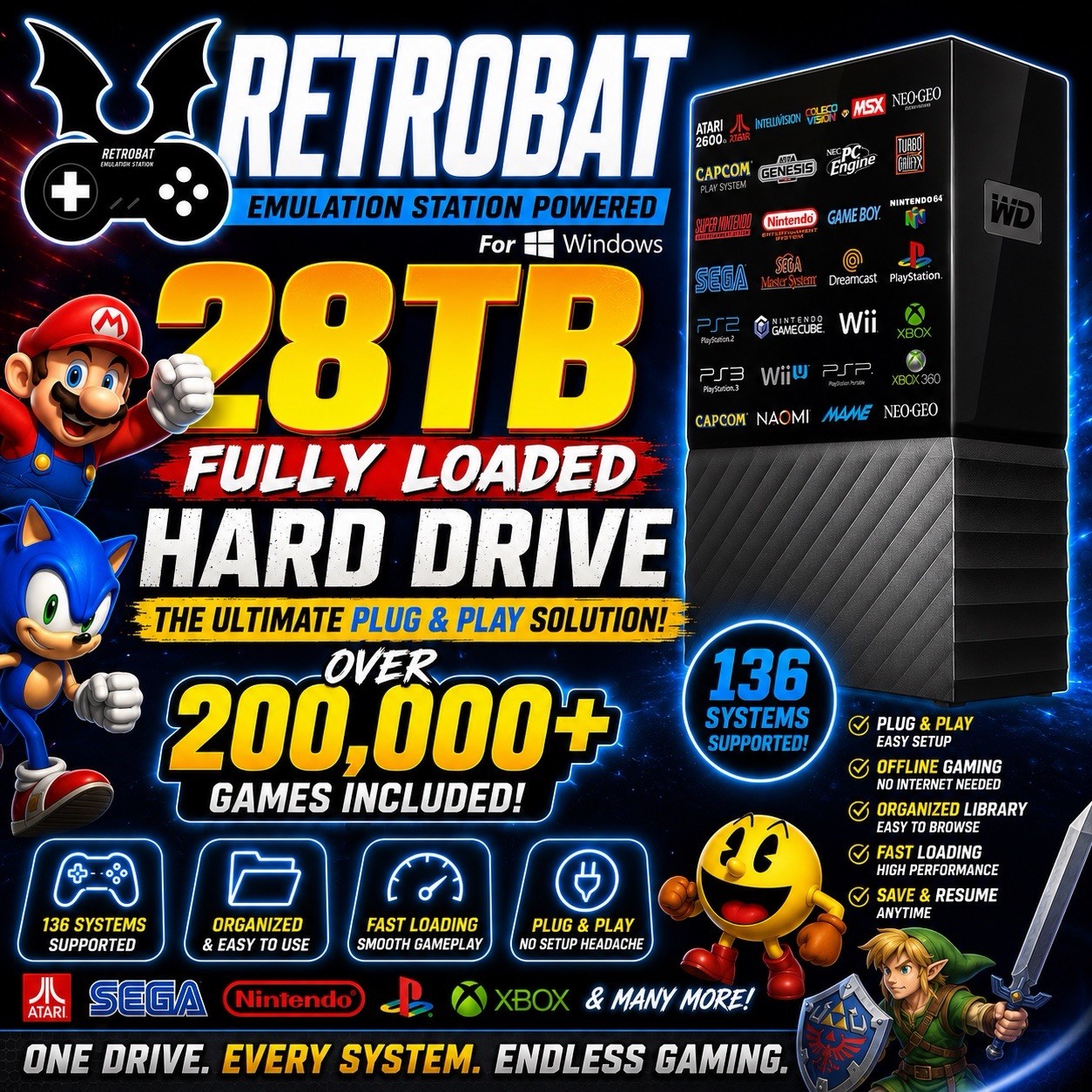 28TB External Gaming Hard Drive Windows Compatible Plug & Play Retro Gaming