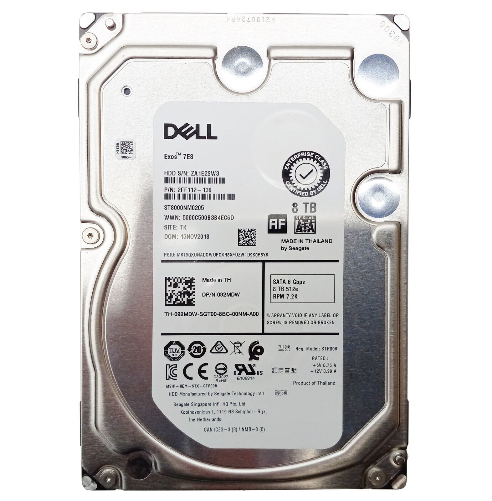 Dell Exos 7E8 ST8000NM0205 8TB 3.5" 6Gbps 7.2K SATA Hard Drive Dell P/N: 092MDW