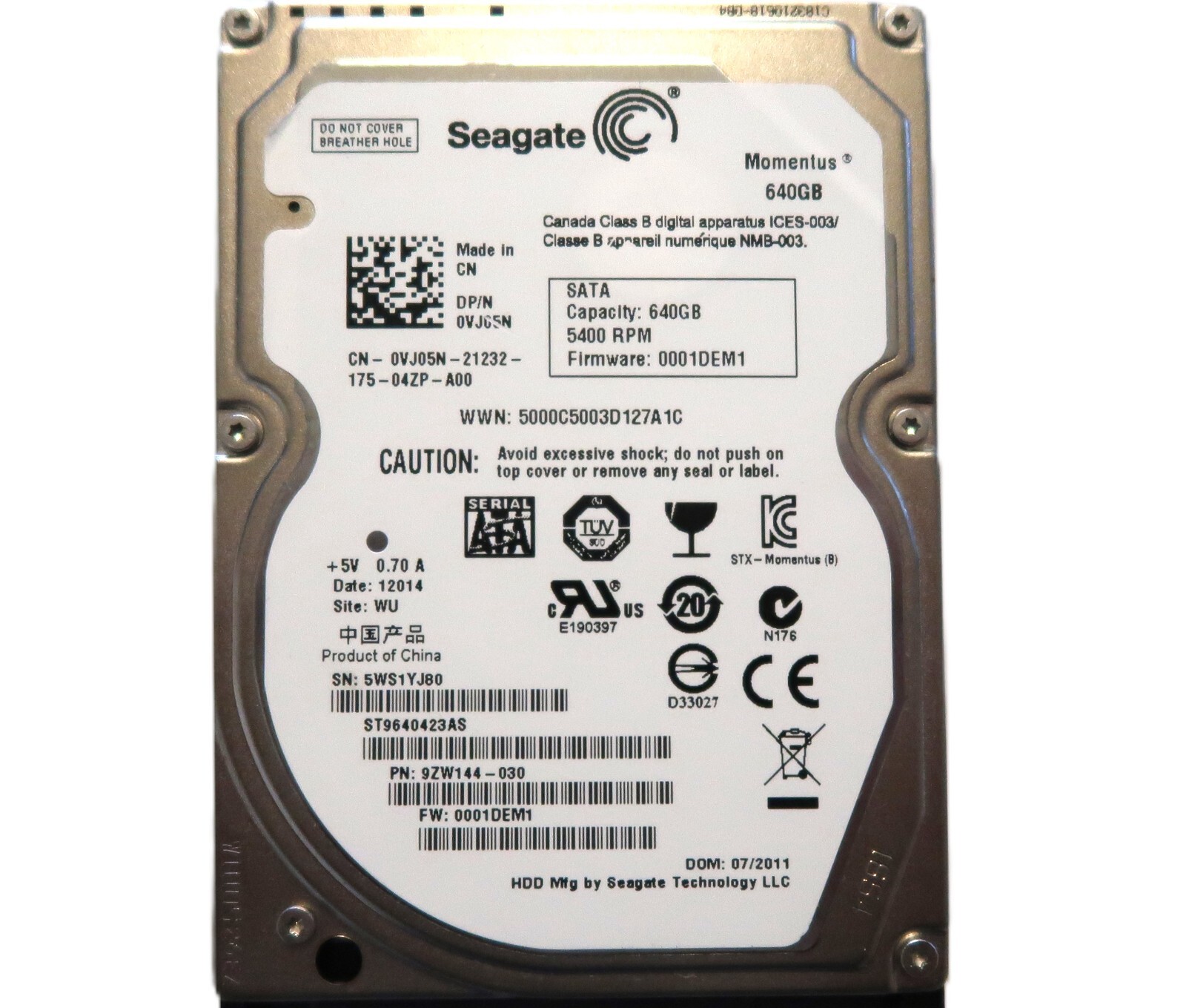 Seagate ST9640423AS 9ZW144-030 0001DEM1 (5WS1) WU China 2.5" 640gb Sata 07/2011