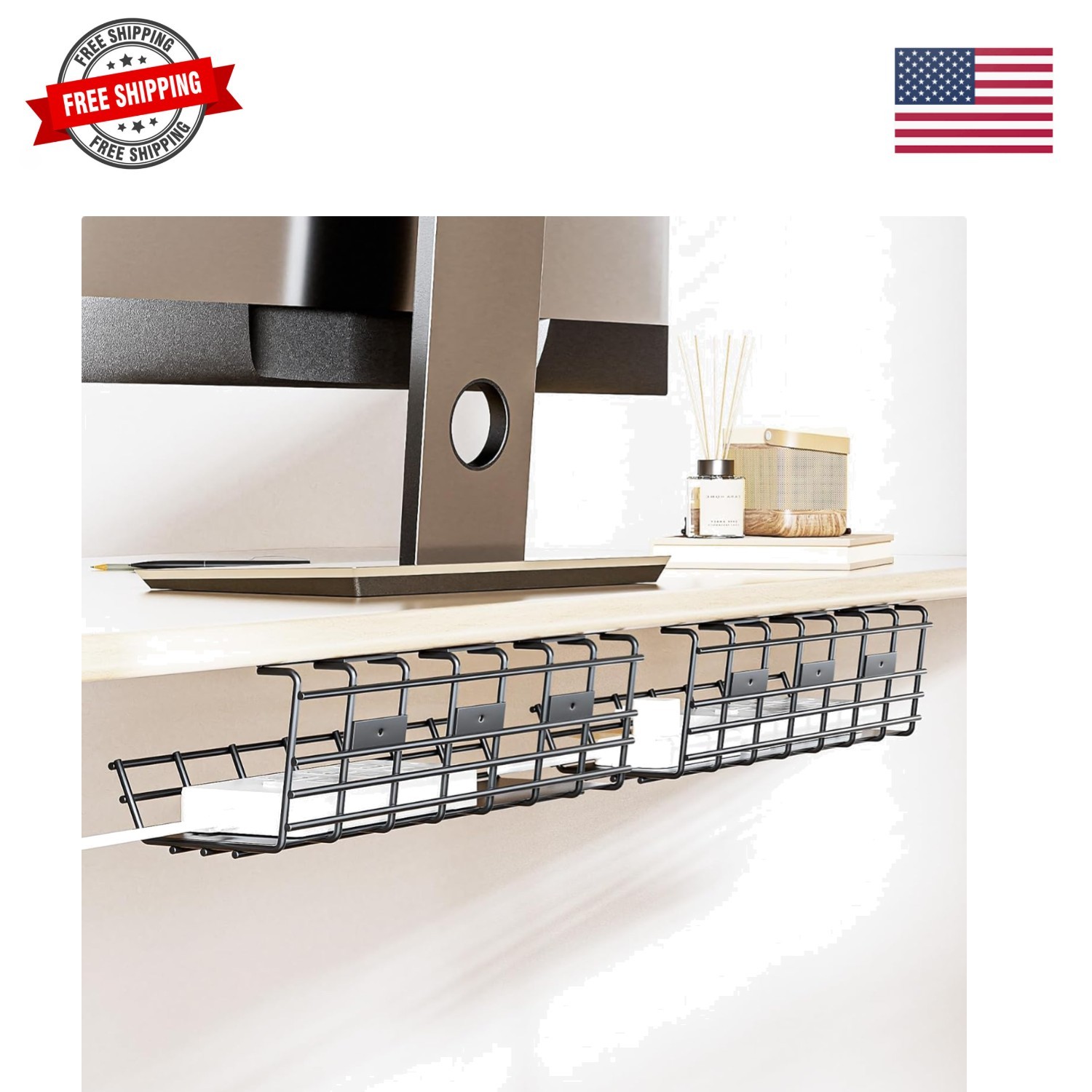 2 Pack Under Desk Cable Management Tray, Large Metal Cord Organizer, Office &...