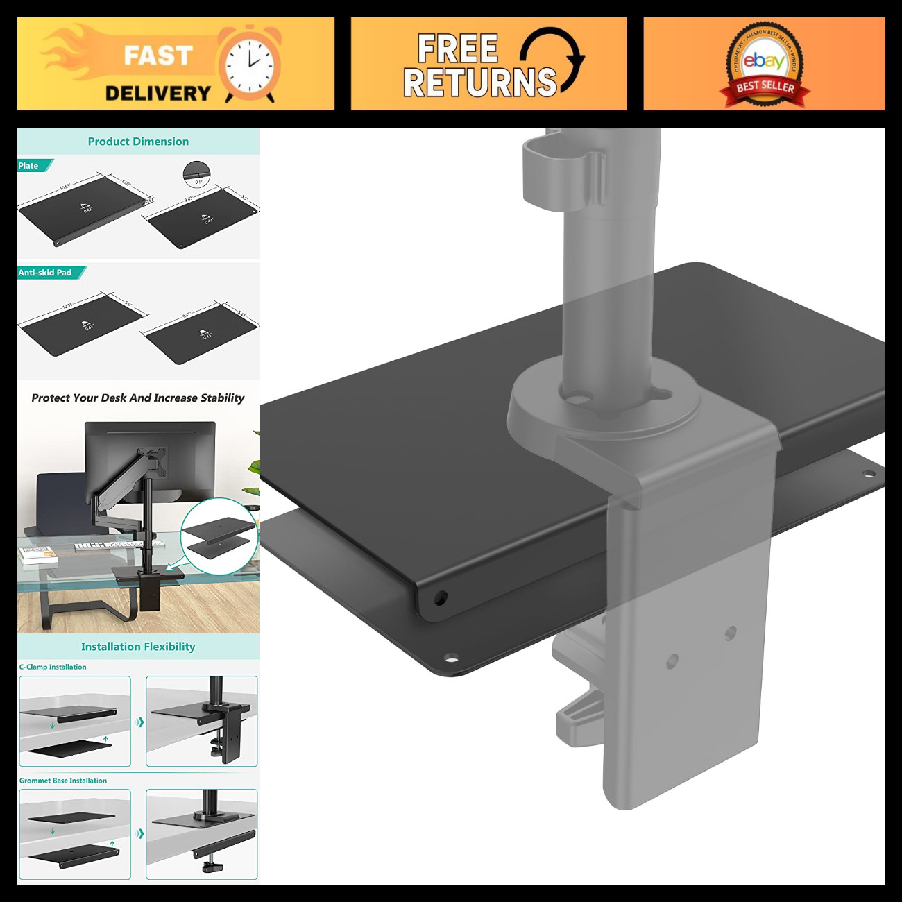 Monitor Mount Reinforcement Plate for Glass & Fragile Table Tops - C Clamp Compa