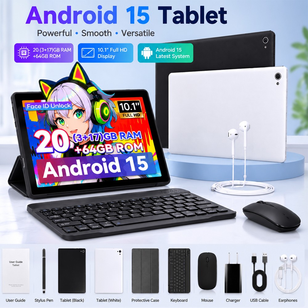 10.1 inch Tablet set 64/128/256 GB ROM Android 15/16 Dual Camera IPS LCD WIFI BT