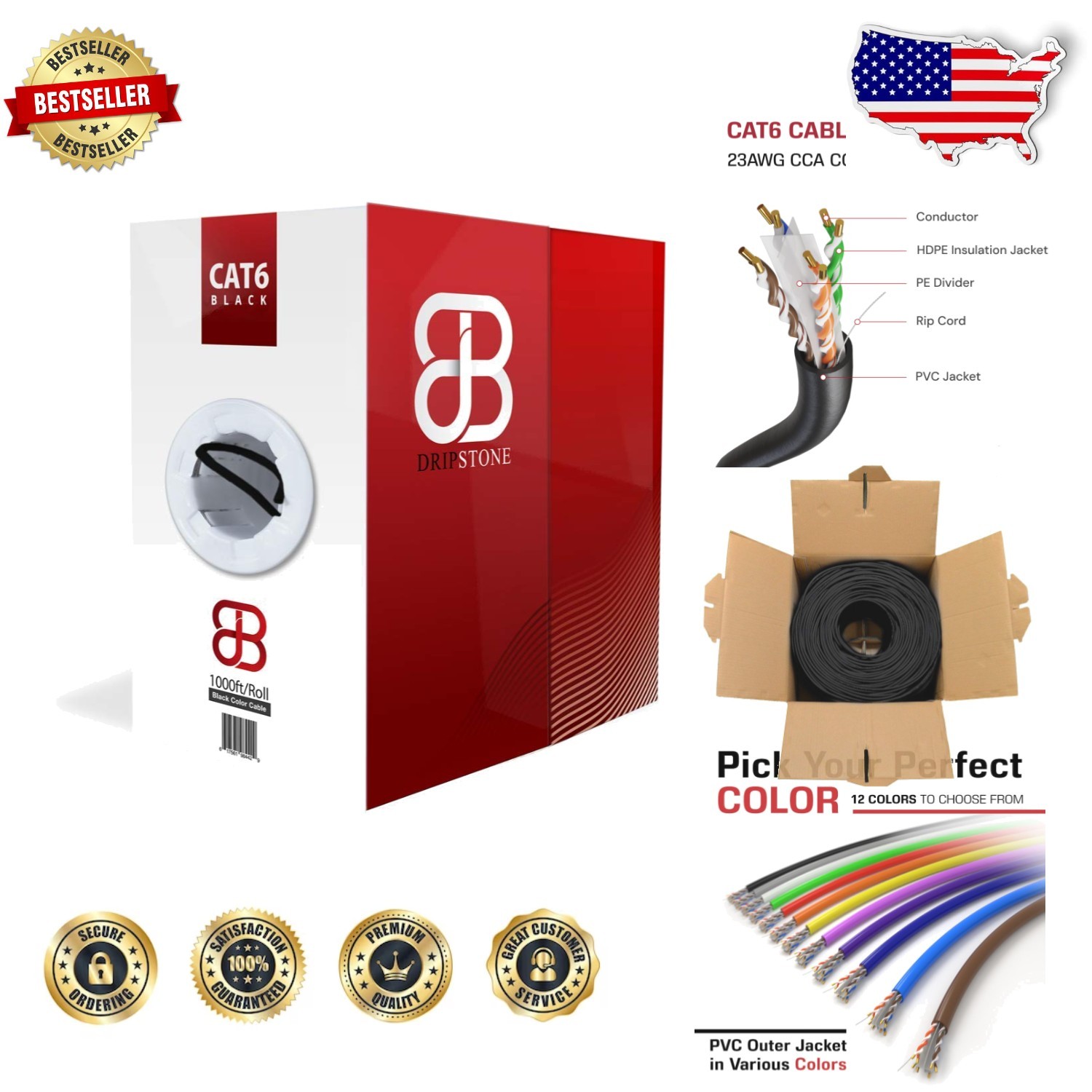 Durable 1000ft Cat 6 Ethernet Cable: 23AWG CCA, Black, Indoor/Outdoor, 10Gbps
